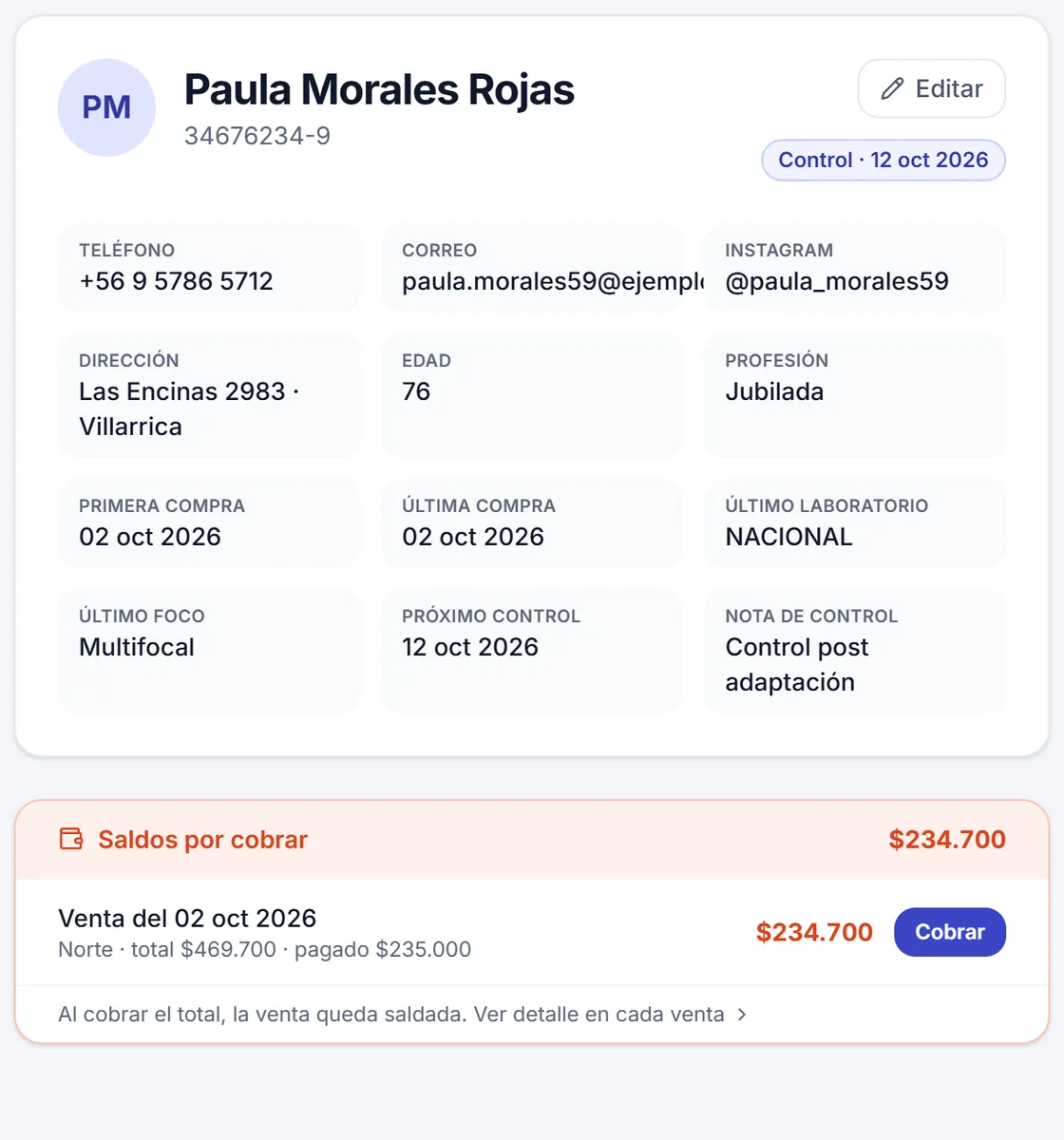 Ficha de una clienta de la demo: nombre, datos de contacto, último laboratorio, próximo control y su saldo por cobrar.